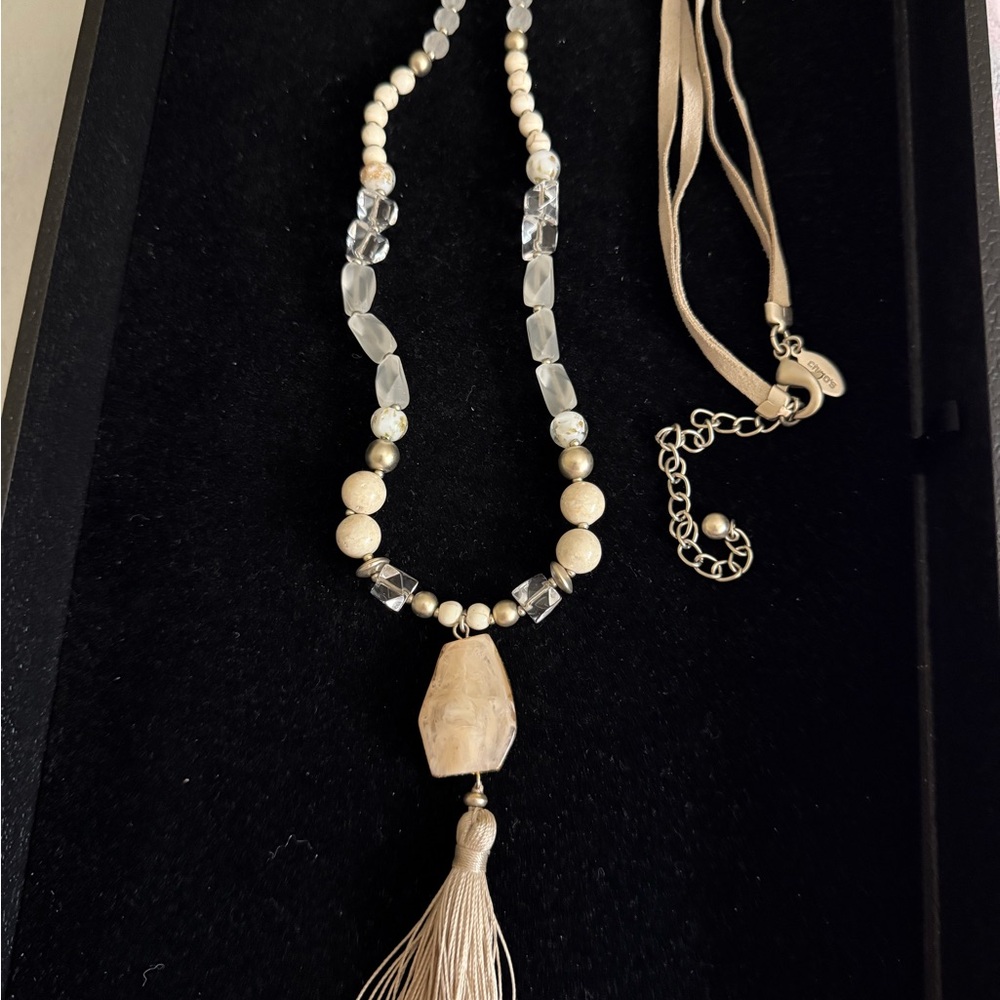 Chico's Beige and Clear Beaded Necklace with Tassel